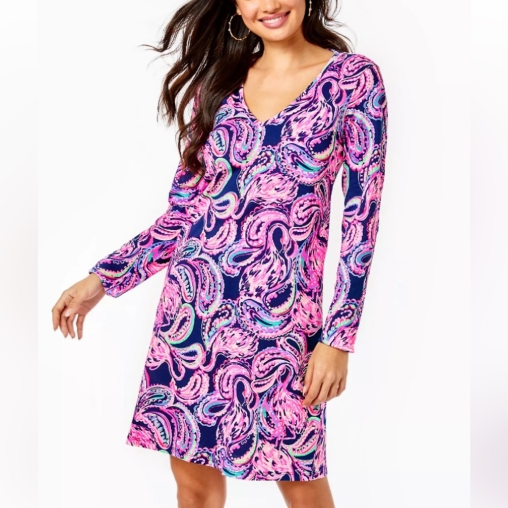 Lilly Pulitzer Pink and Blue Paisley Print T shirt Mini Dress Medium Pima Cotton